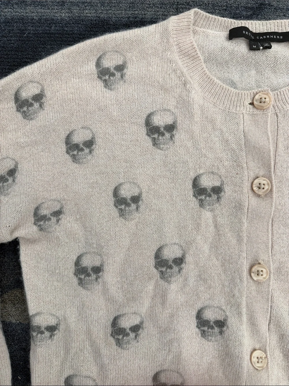 Skull Cashmere Light Tan/Brown Skull-Print Button Cardigan - Picture 5 of 10
